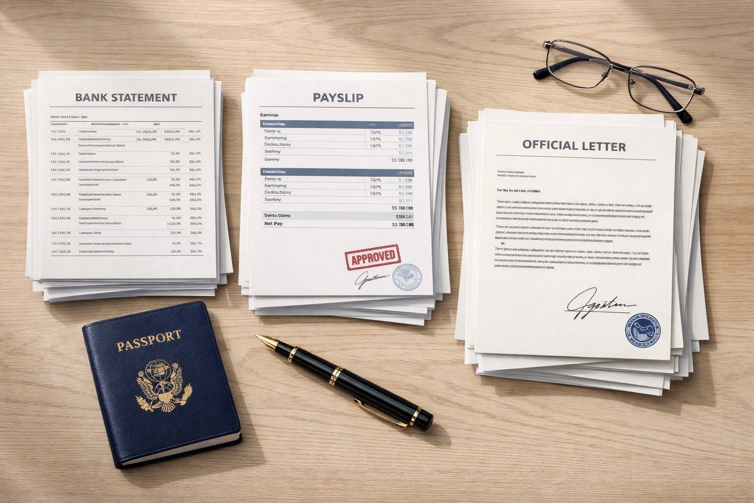 Organized spouse visa application documents including bank statements and passport