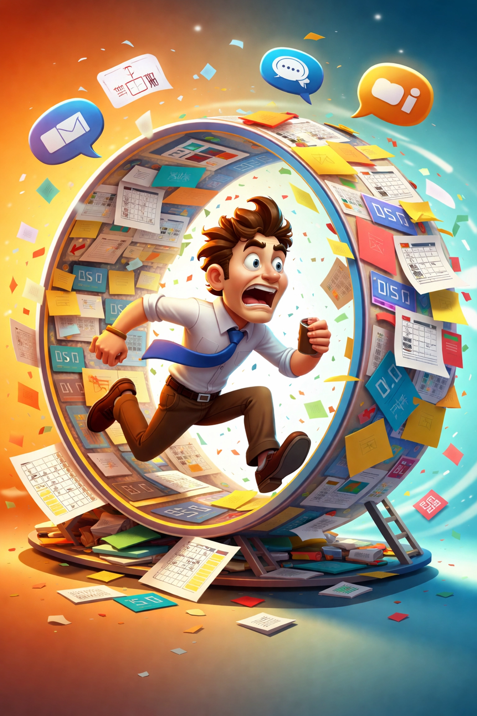 Cartoon office worker stuck in a hamster wheel of busywork, symbolizing paralysis by process in small business IT support