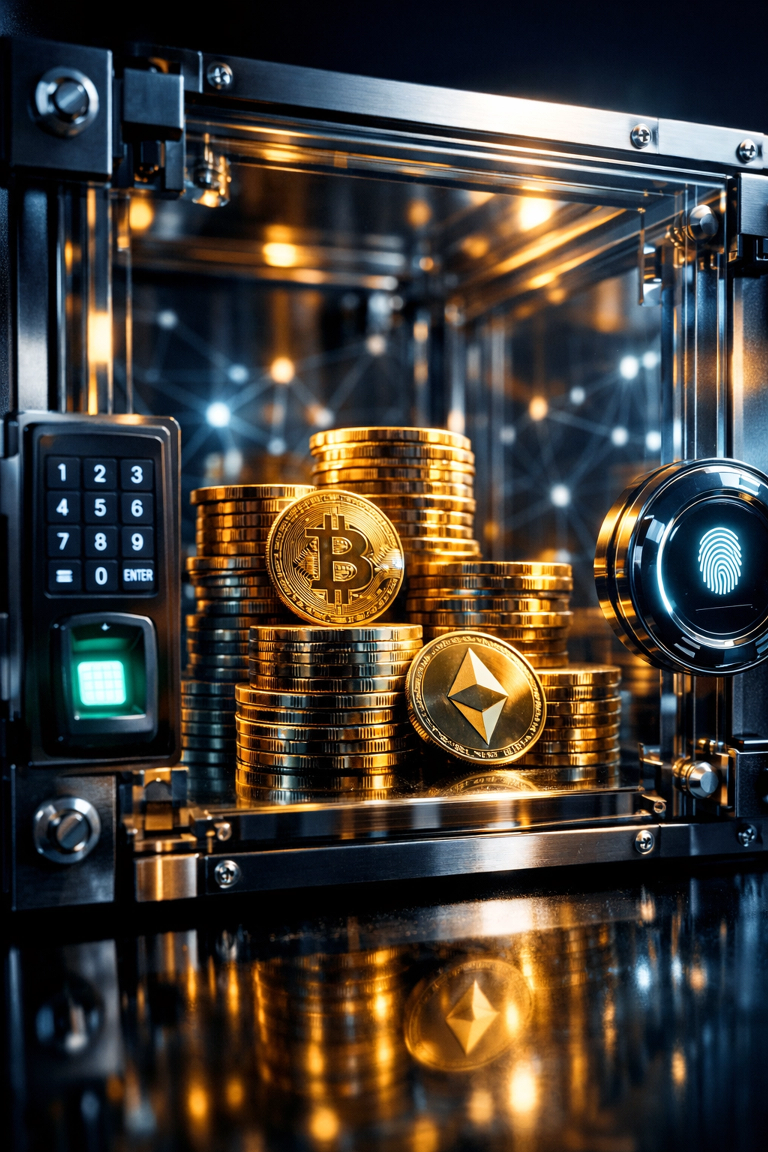 Secure cryptocurrency vault representing self-custody and private key control for merchants