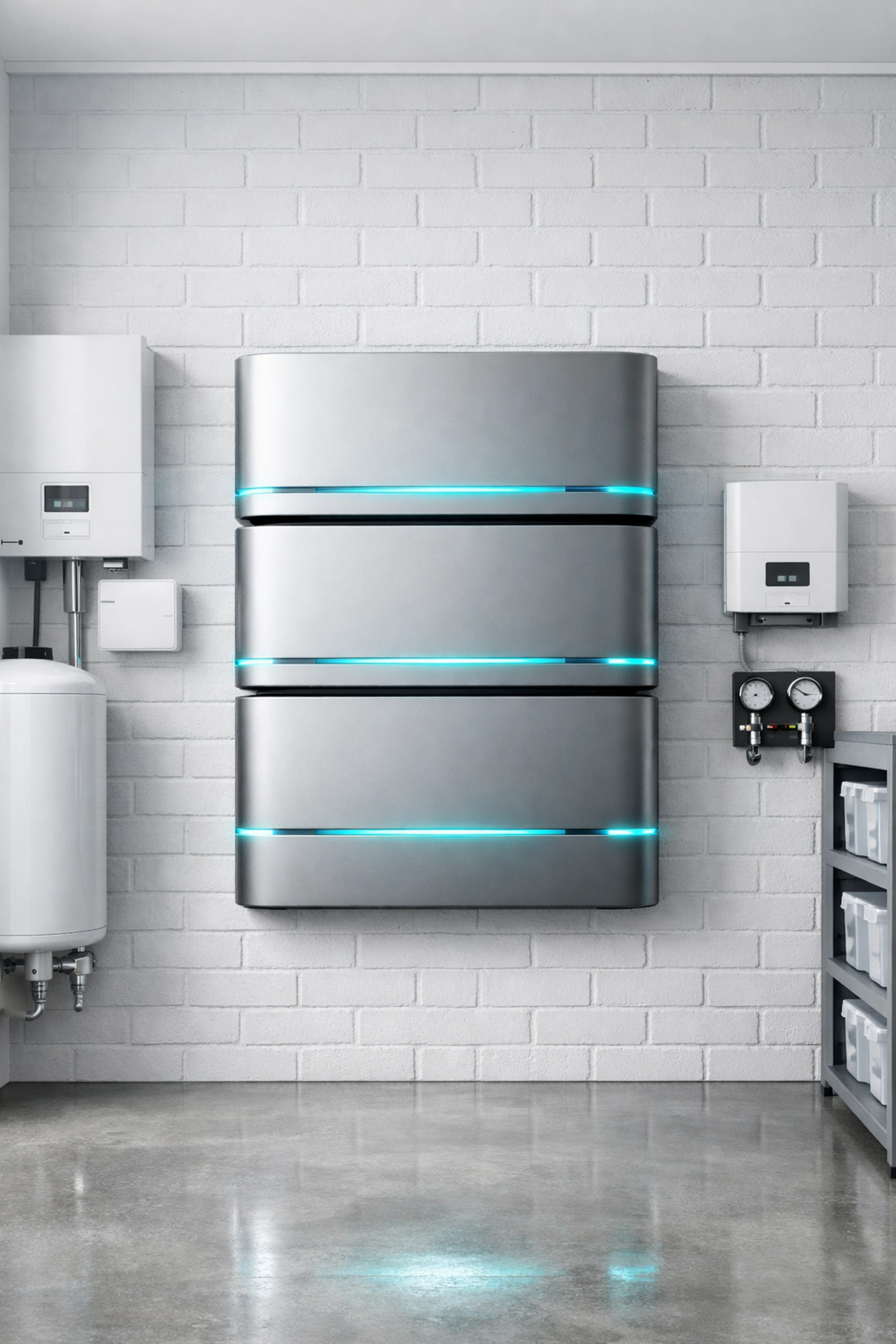 Residential solid-state battery storage system installed in a modern energy-efficient home utility room.