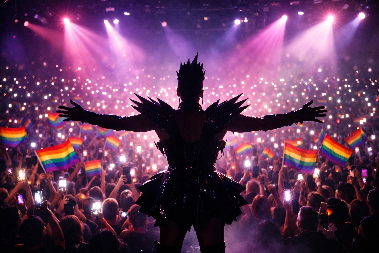 Pop star performing on stage with LGBTQ+ fans waving pride flags at concert supporting queer advocacy