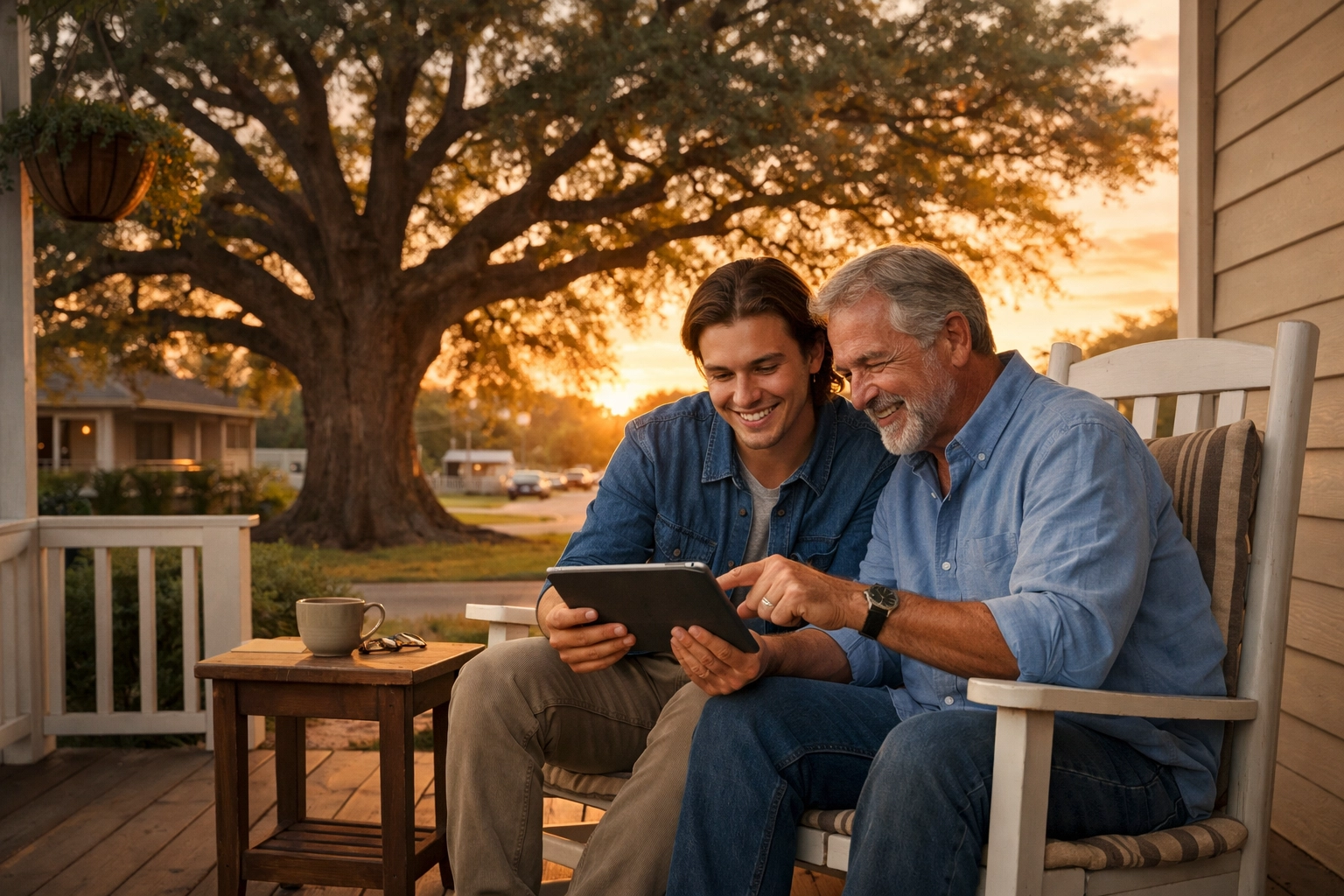 A Texas family discussing financial education and credit building strategies on their porch.