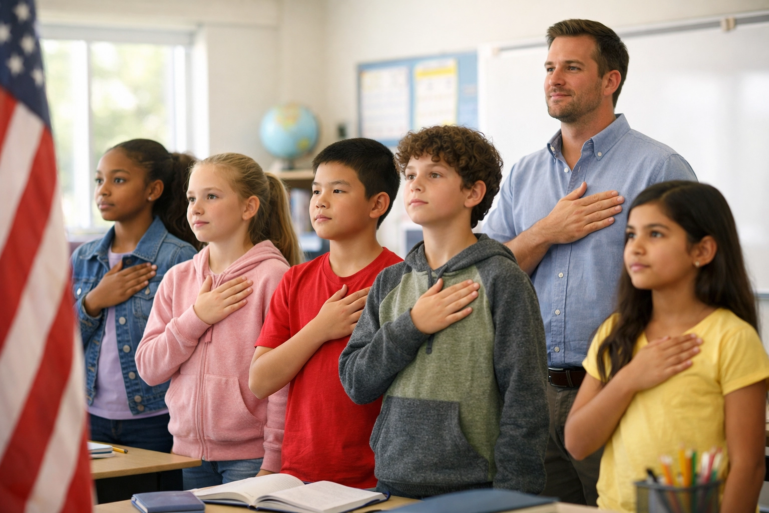 Students and a teacher reciting the Pledge of Allegiance in a modern middle school classroom.