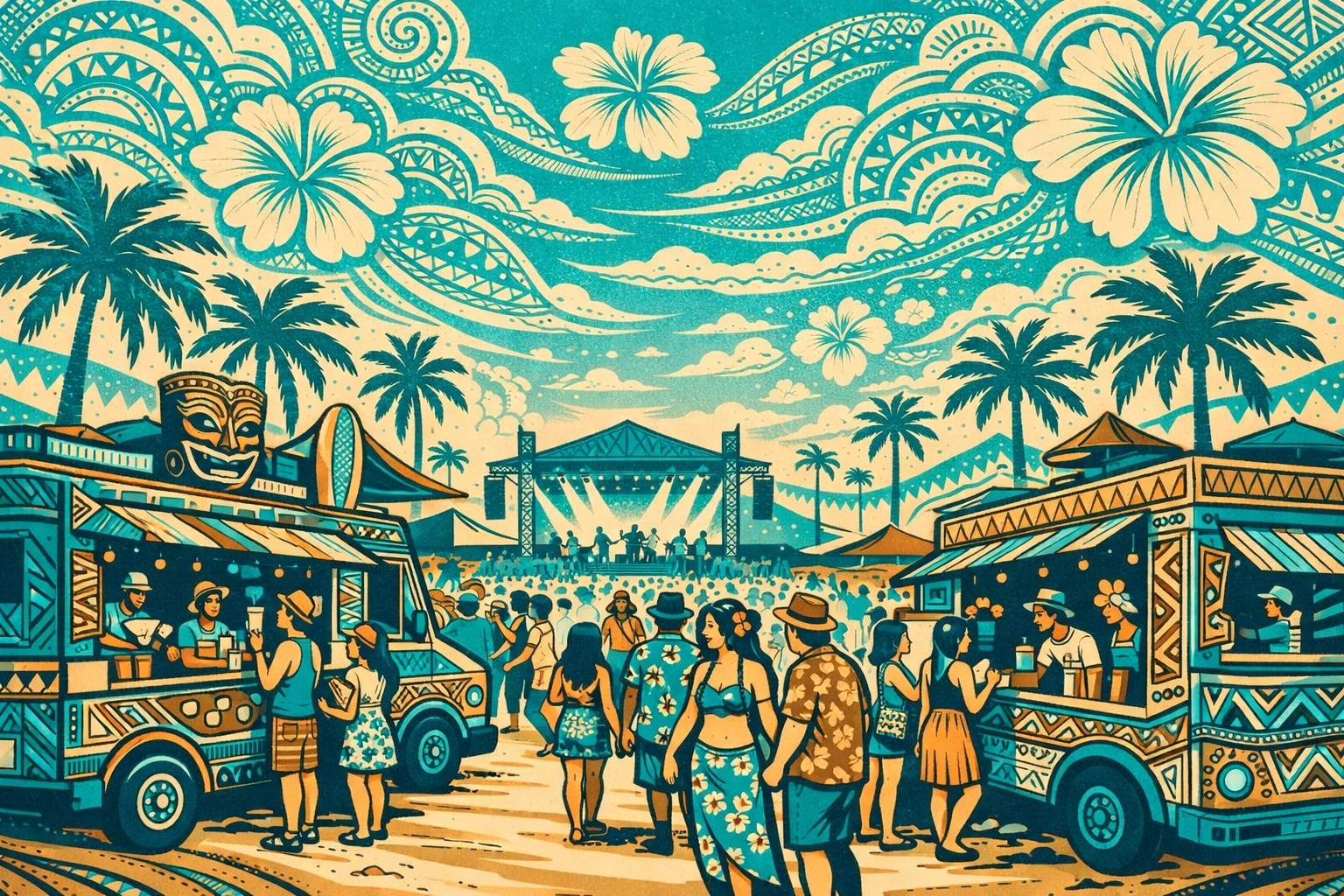 Vibrant Las Vegas cultural festival marketplace featuring Polynesian-themed food trucks and a live music stage.
