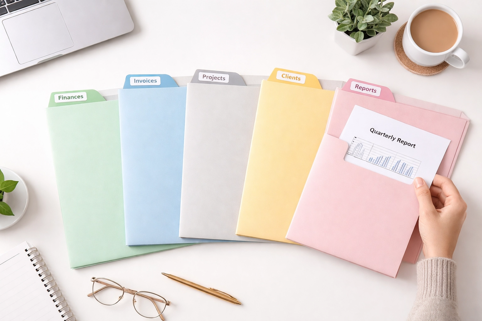 Overhead view of color-coded folders demonstrates transaction categorization and consistent bookkeeping practices.