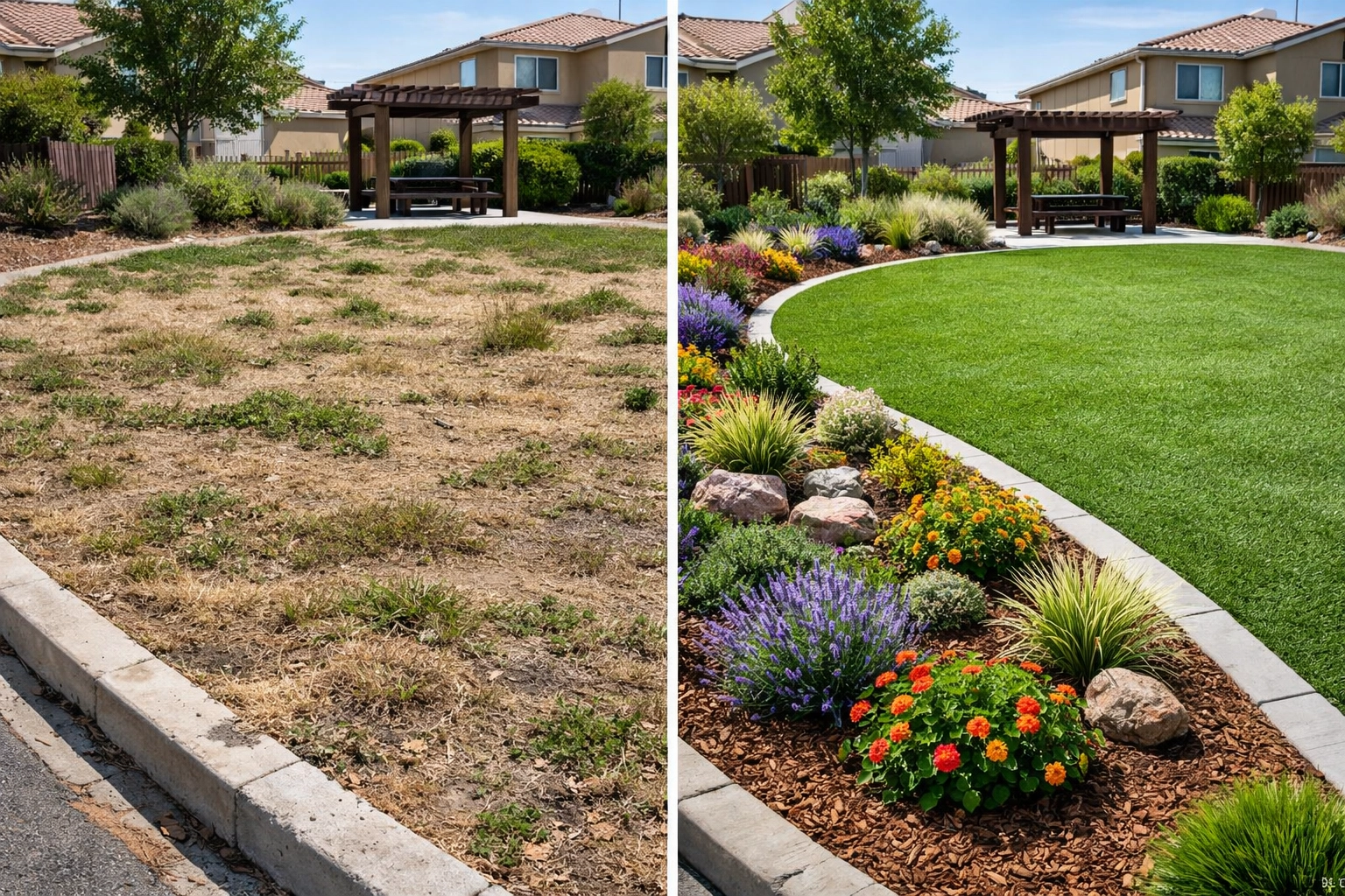 HOA common area transformation from patchy dead grass to lush artificial turf installation