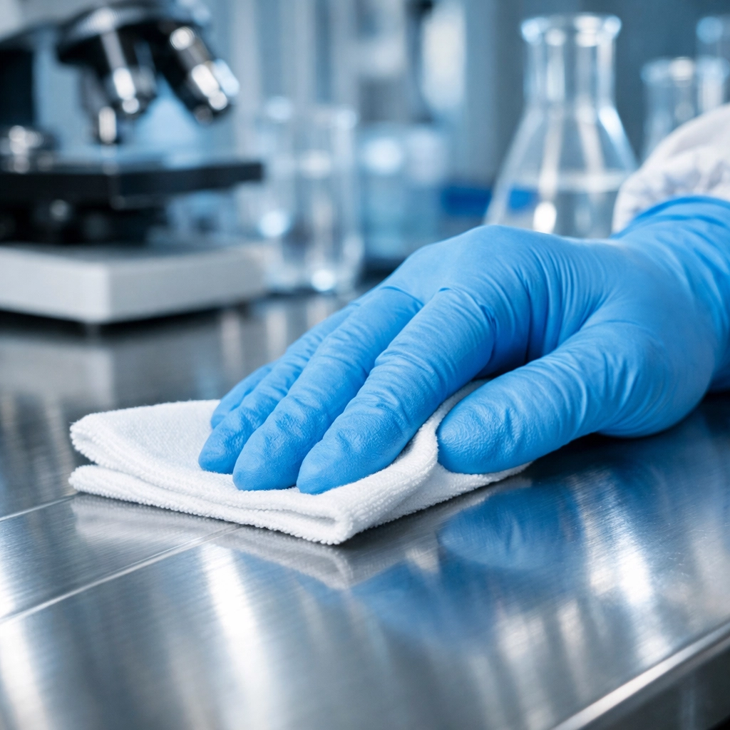 Precision lab cleaning of a stainless steel surface to ensure compliance in a technical workplace.