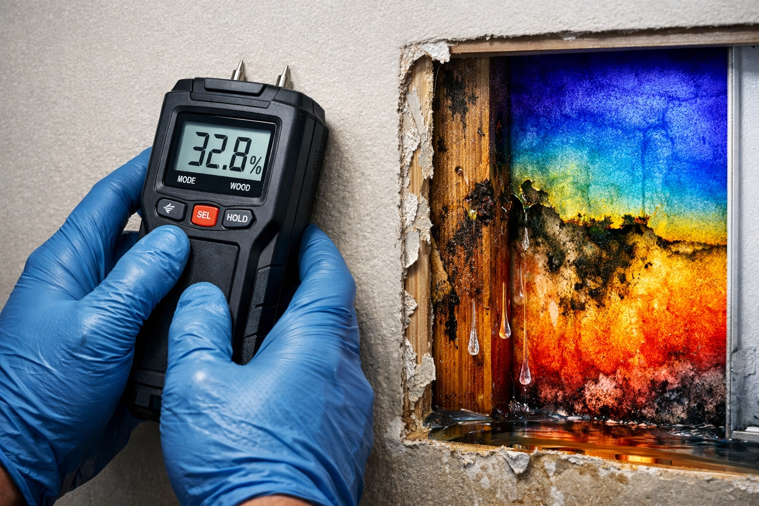 Technician using moisture meter to detect hidden water damage in walls