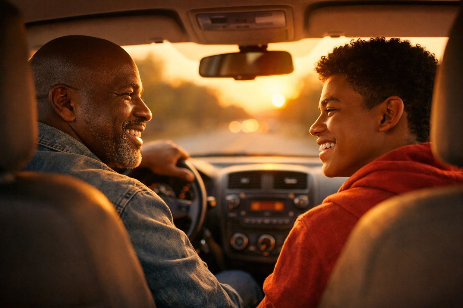 Father and teenage son sharing a moment of connection in the car to help them open up.