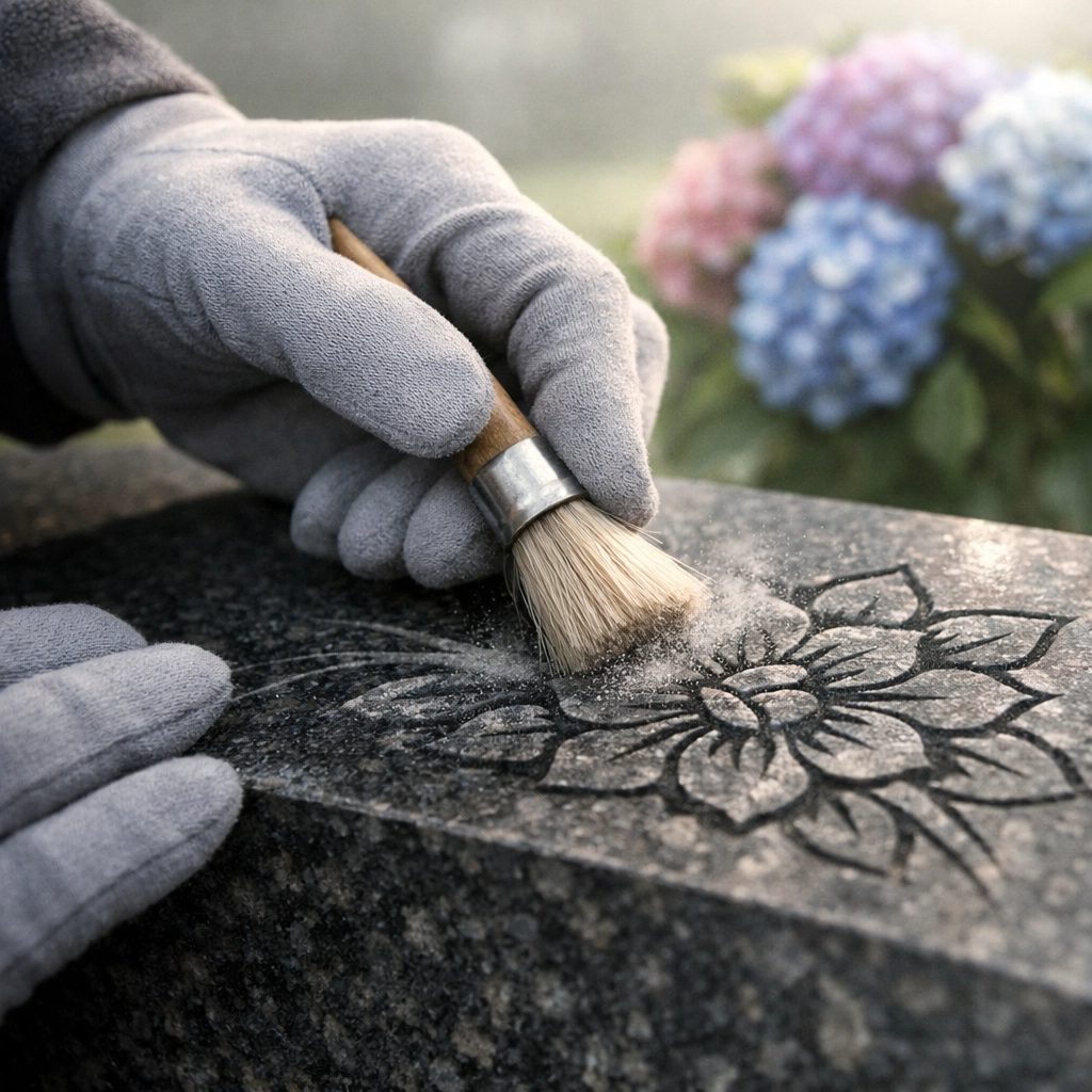 A professional grave maintenance service technician cleaning a granite headstone with a soft brush