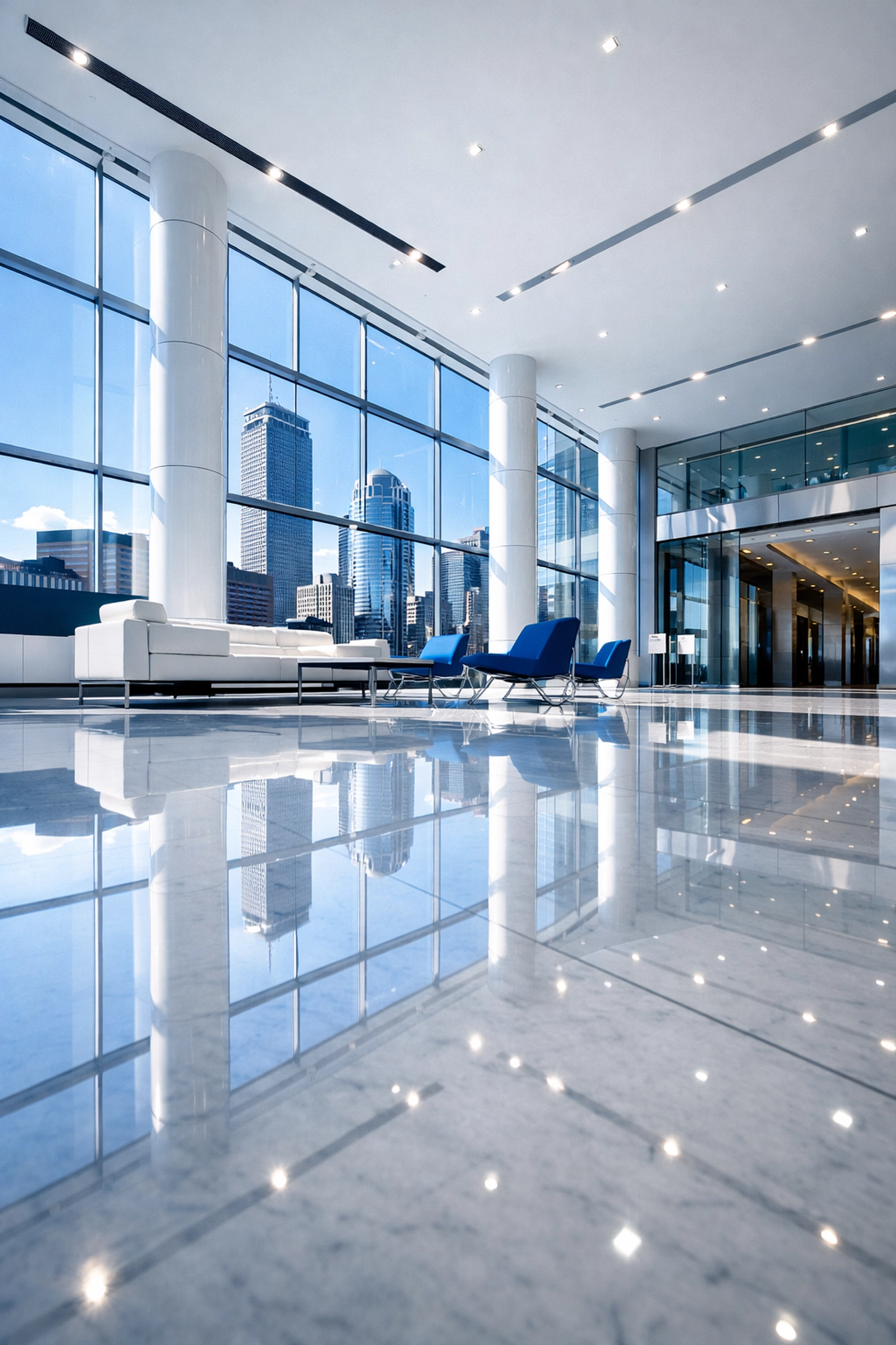 Polished marble floors in a sun-drenched Boston office lobby maintained by professional janitorial services.
