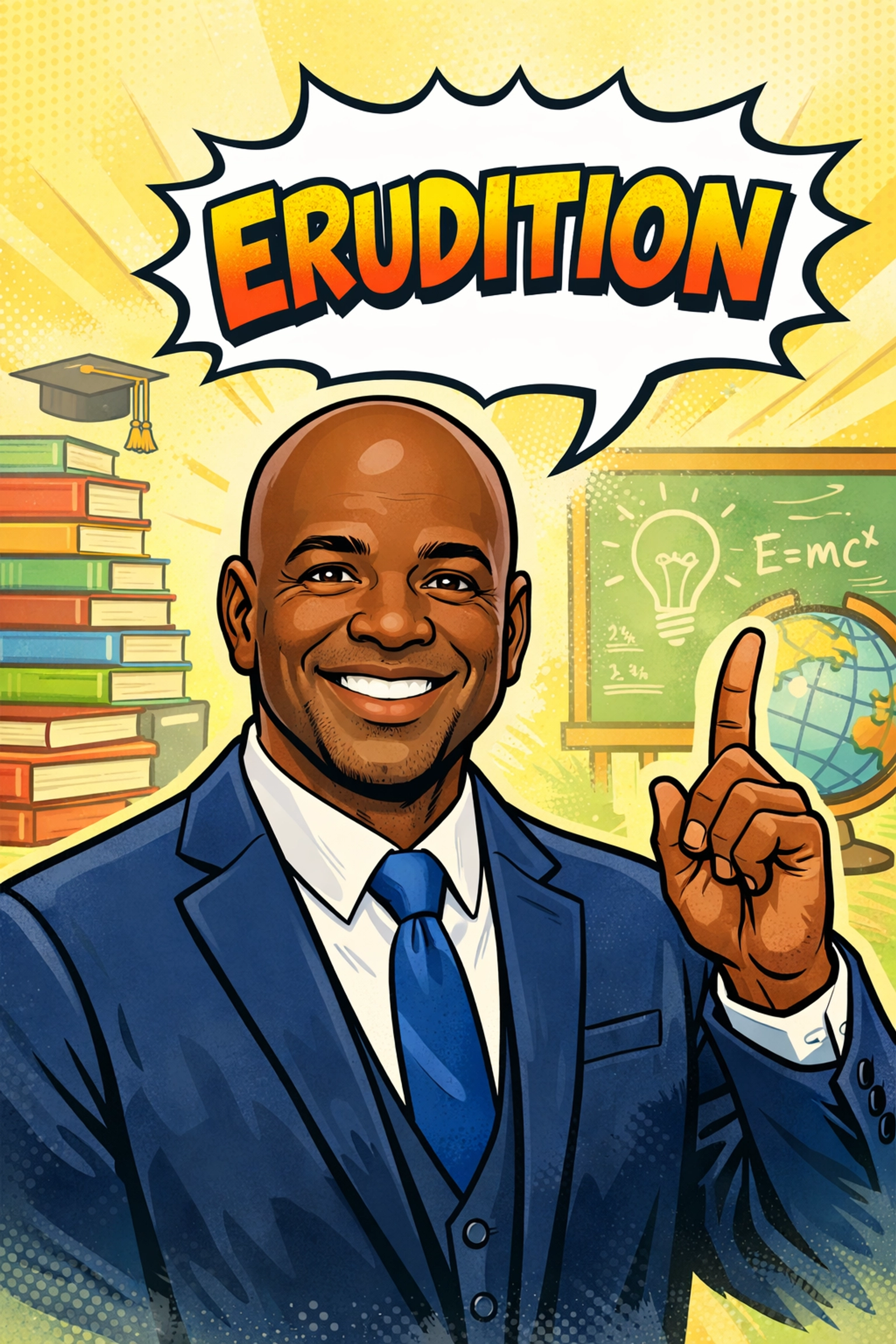 Professor Antonio teaching vocabulary word 'erudition' in professional suit