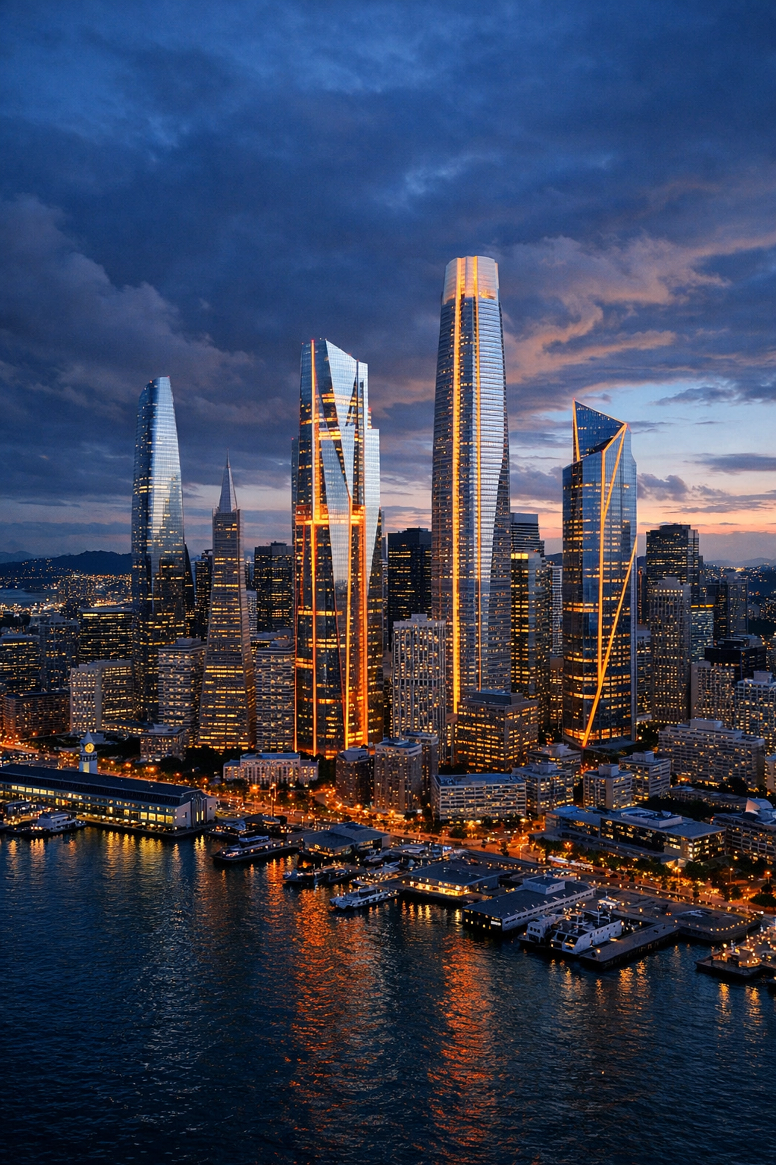 San Francisco skyline projection for 2030 featuring proposed supertall office towers and new development