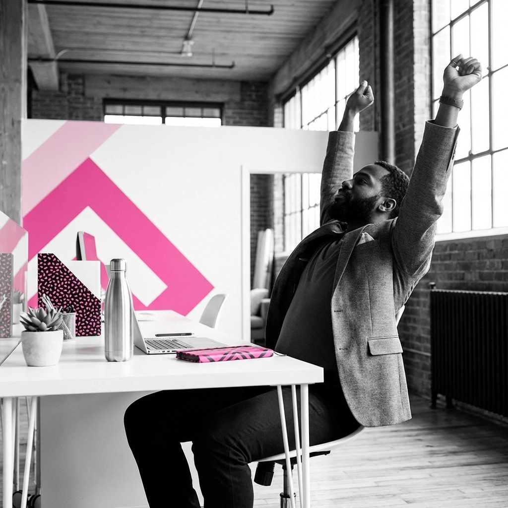 Black urban professional man stretching at his desk in a stylish office, promoting movement and workplace wellness tips