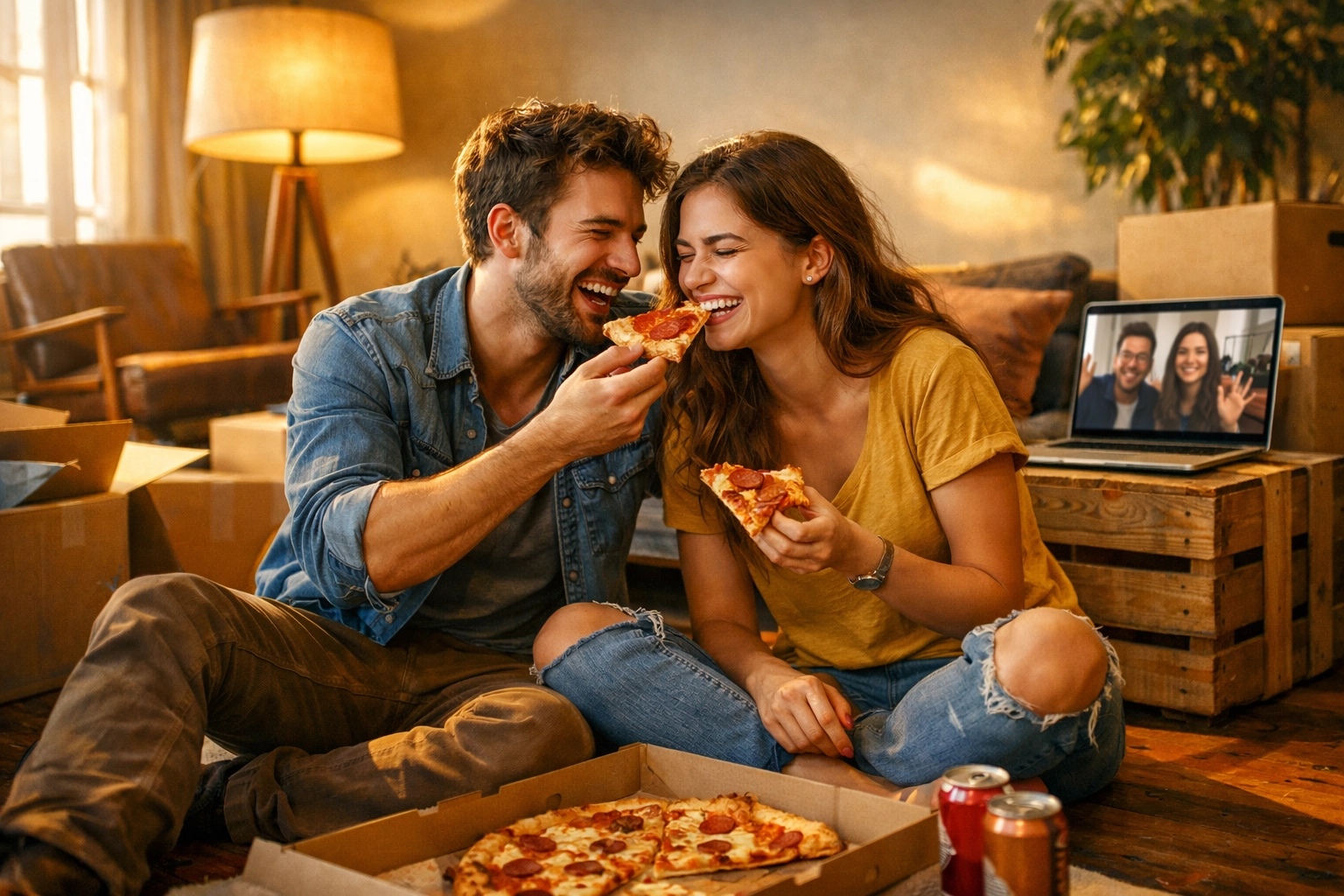 Happy homeowners enjoying a stress-free move with all utilities and internet connected on moving day.