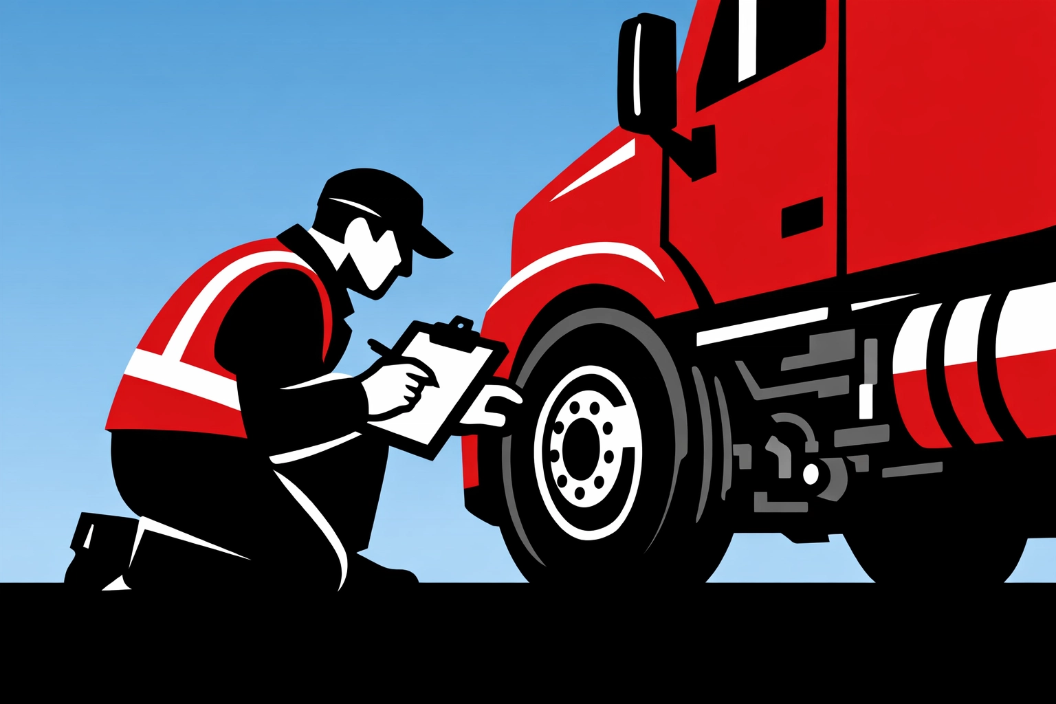 Professional driver conducting vehicle walkaround inspection and defect checks on commercial truck