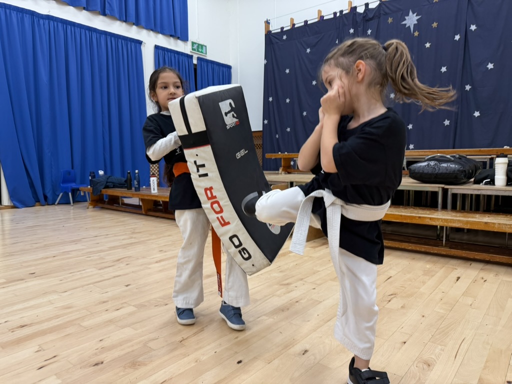 Two young girls practicing martial arts together