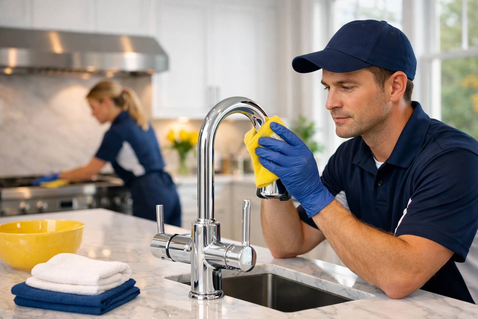 Professional team performing House Cleaning Shirley MA in a modern kitchen with marble countertops.