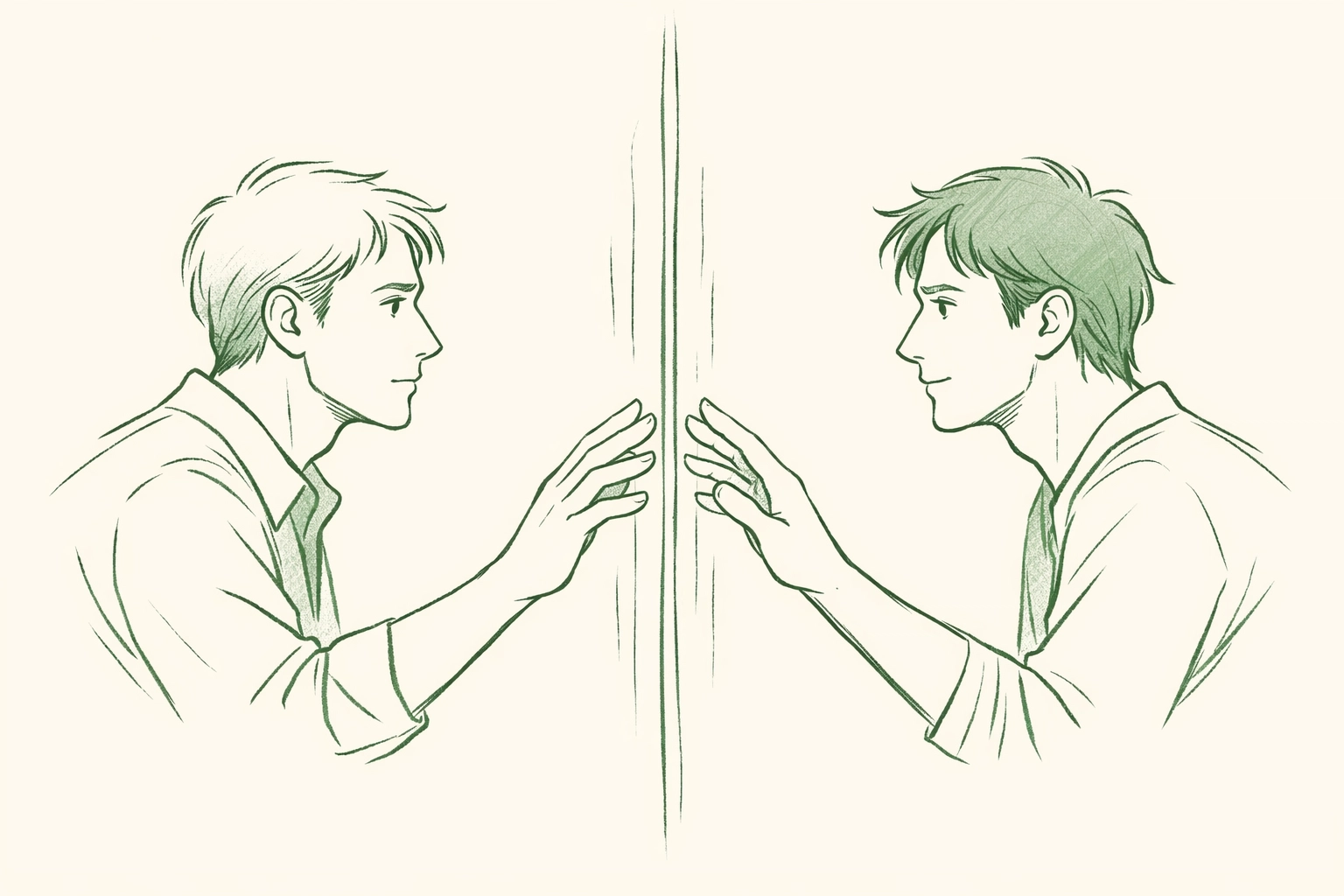 Two men reaching across an invisible barrier illustrating forbidden MM romance psychology