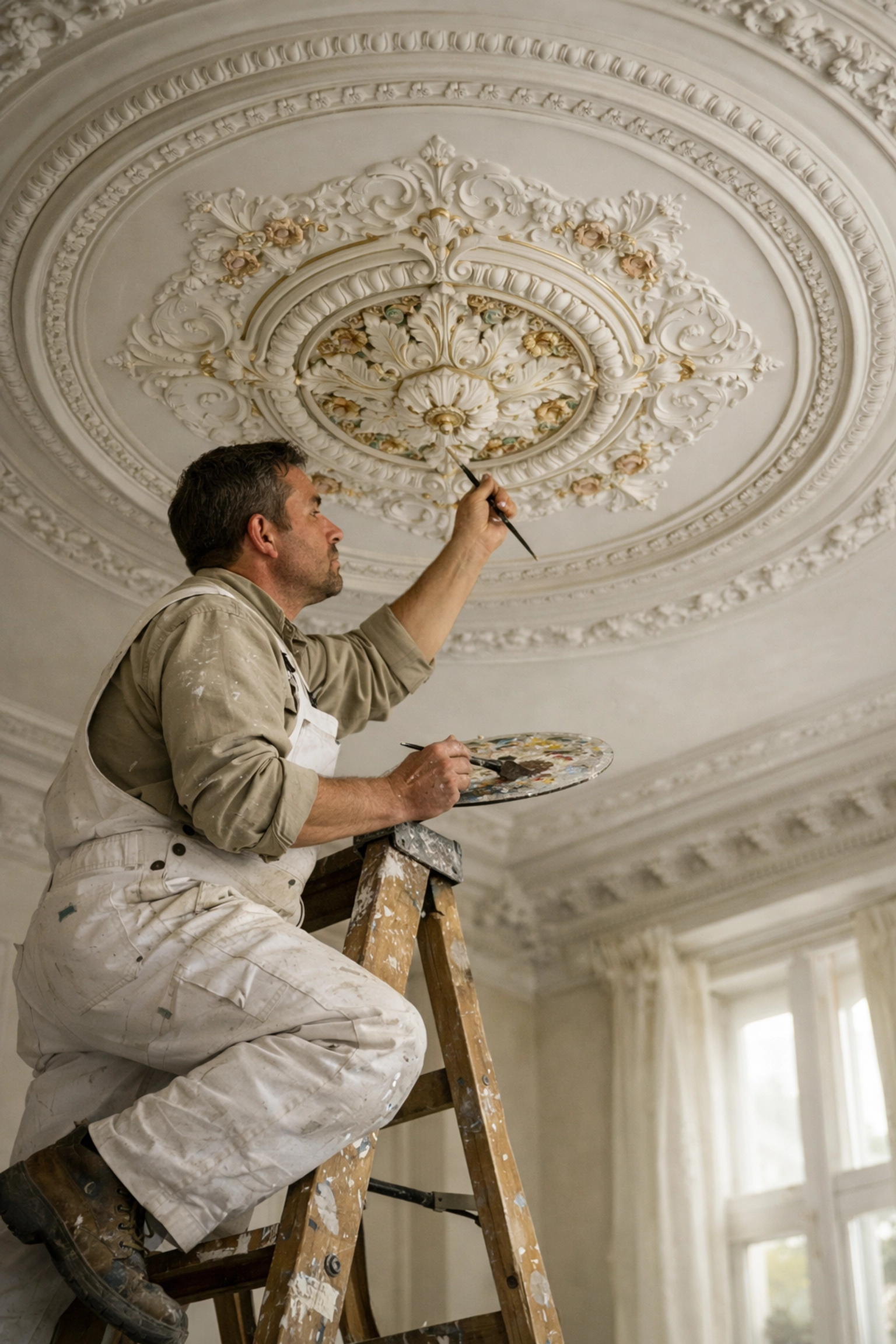 Decorator restoring Victorian ceiling rose in period property