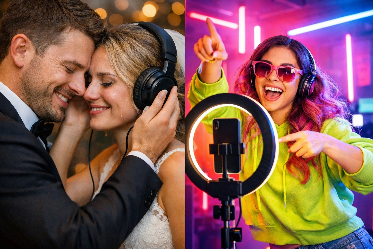 A couple listening to a custom wedding song and a social media creator using personalized music for branding.