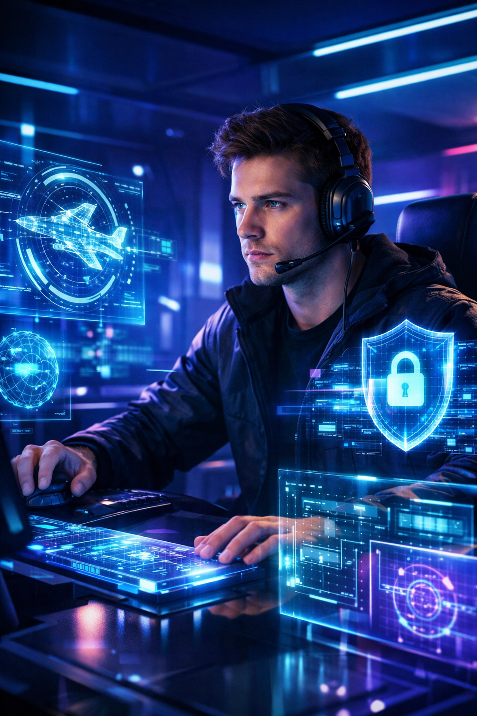 Young adult training in a simulation pod for high-tech workforce development and cybersecurity careers.