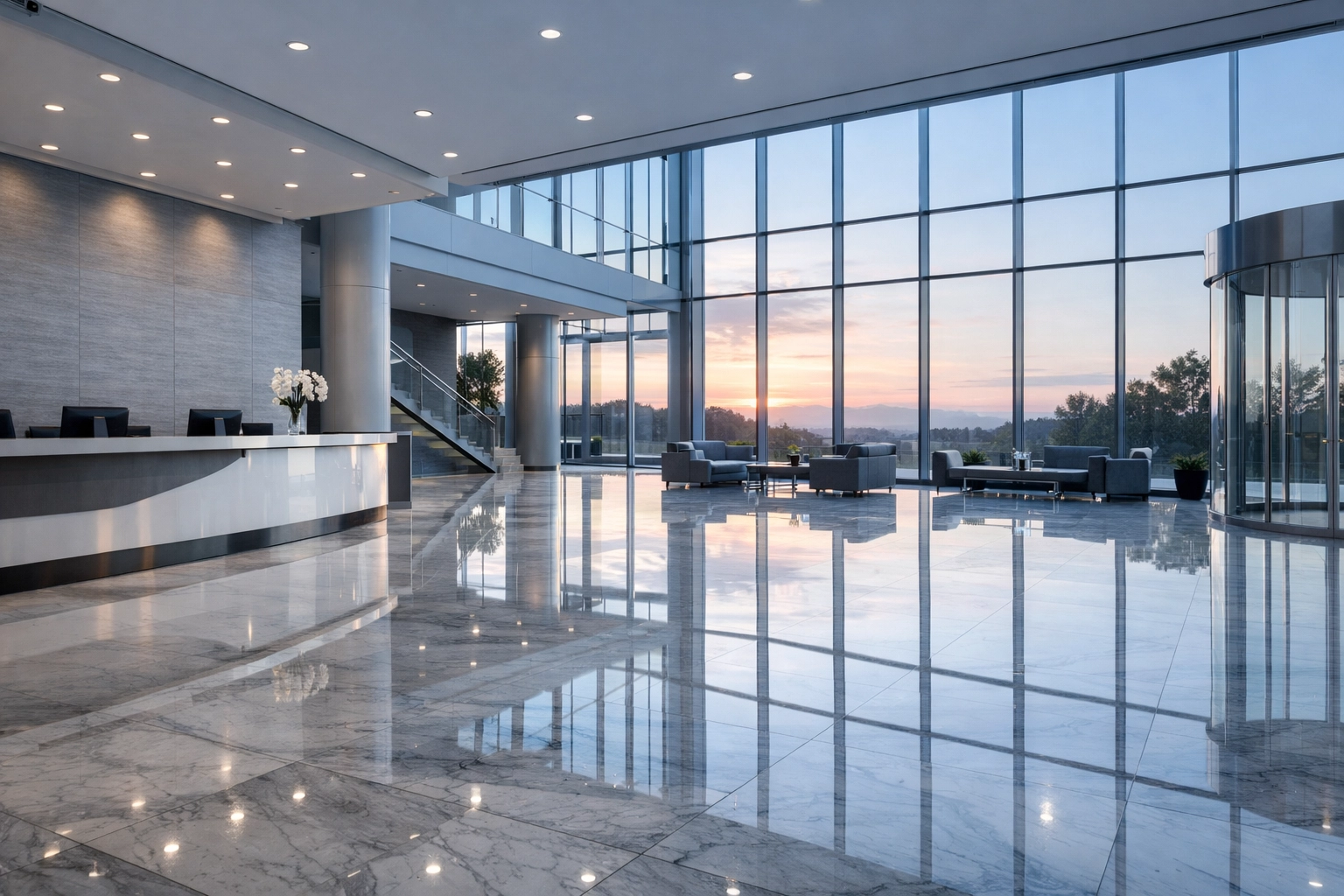 Modern North Carolina corporate lobby with clean marble floors, symbolizing a high-value cleaning contract.