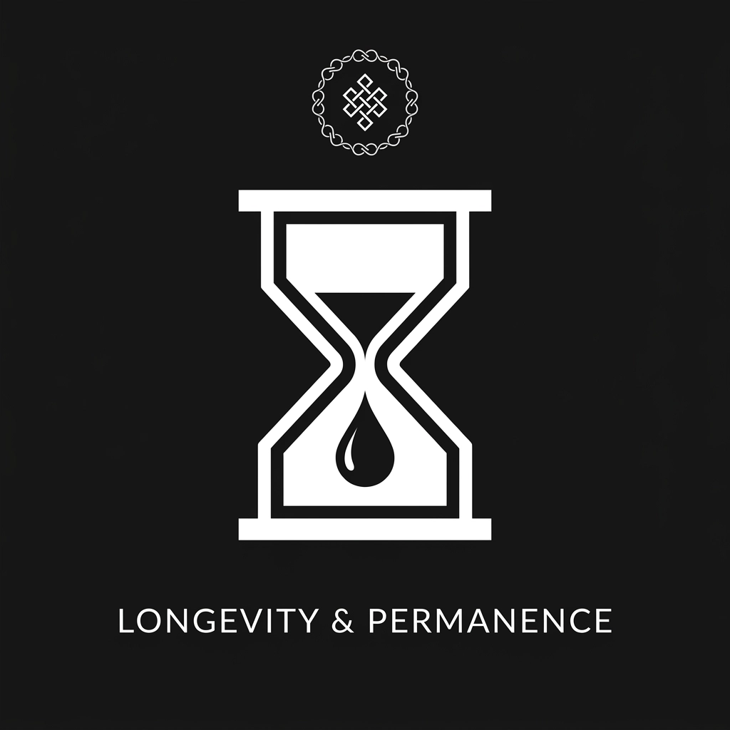 A minimalistic iconographic black and white graphic representing 'Longevity and Permanence' with a stylized hourglass and an ink drop.