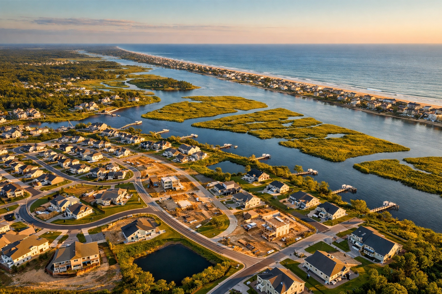Aerial view of Brunswick County NC coastal development with new home construction and waterways