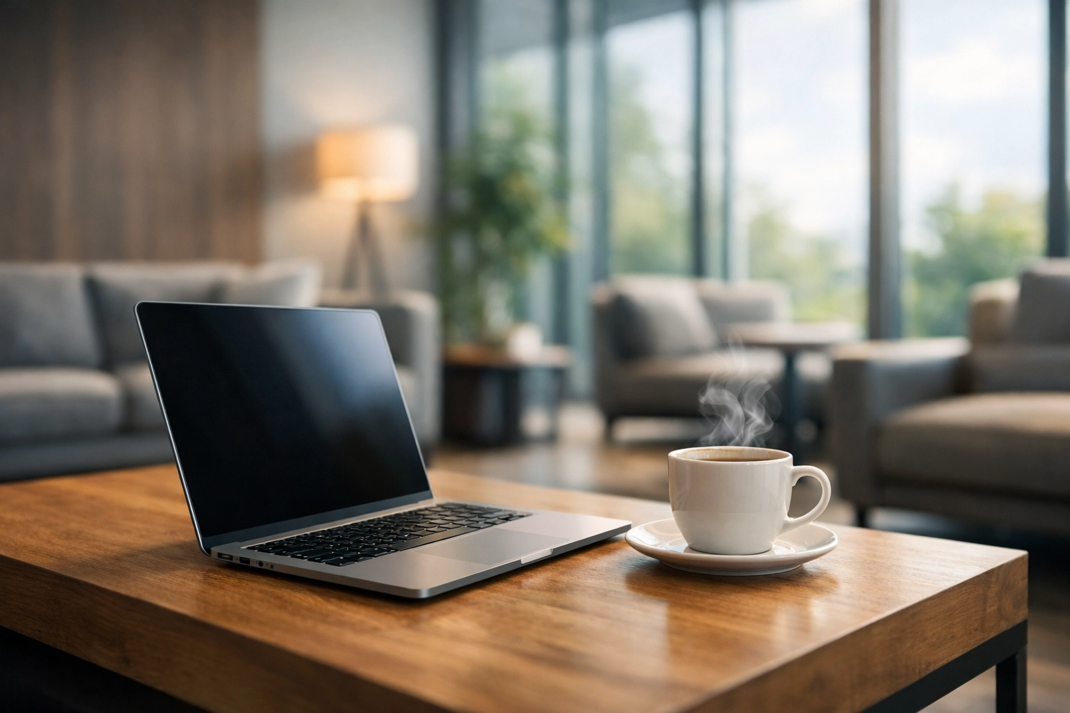 A modern office lounge with a laptop showing real-time financial data for a proactive fractional CFO partnership.