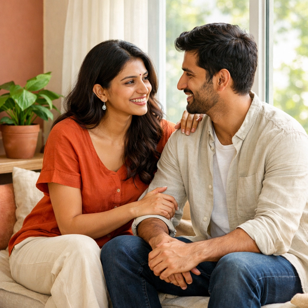 Indian couple in a cozy home discussing how to ask for what you want in bed and building trust.