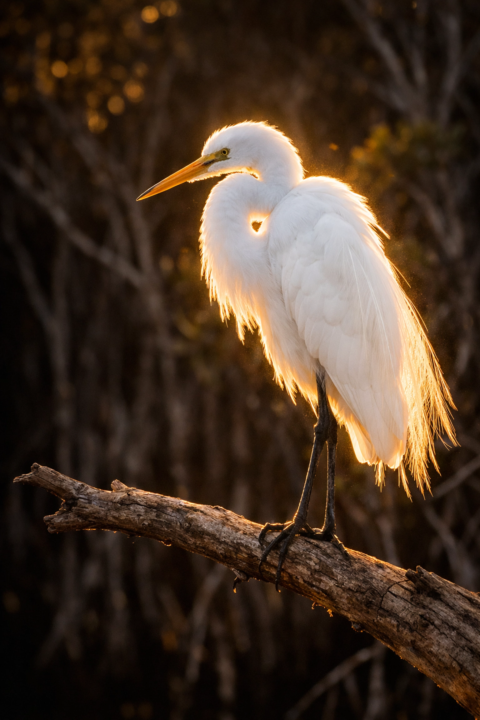 A Great Egret perched on a branch during golden hour in the Everglades, illustrating bird photography composition.