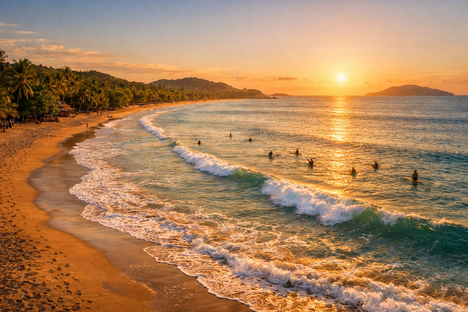 Scenic golden sunset at Tamarindo Beach, the destination for your LIR to Tamarindo shuttle.
