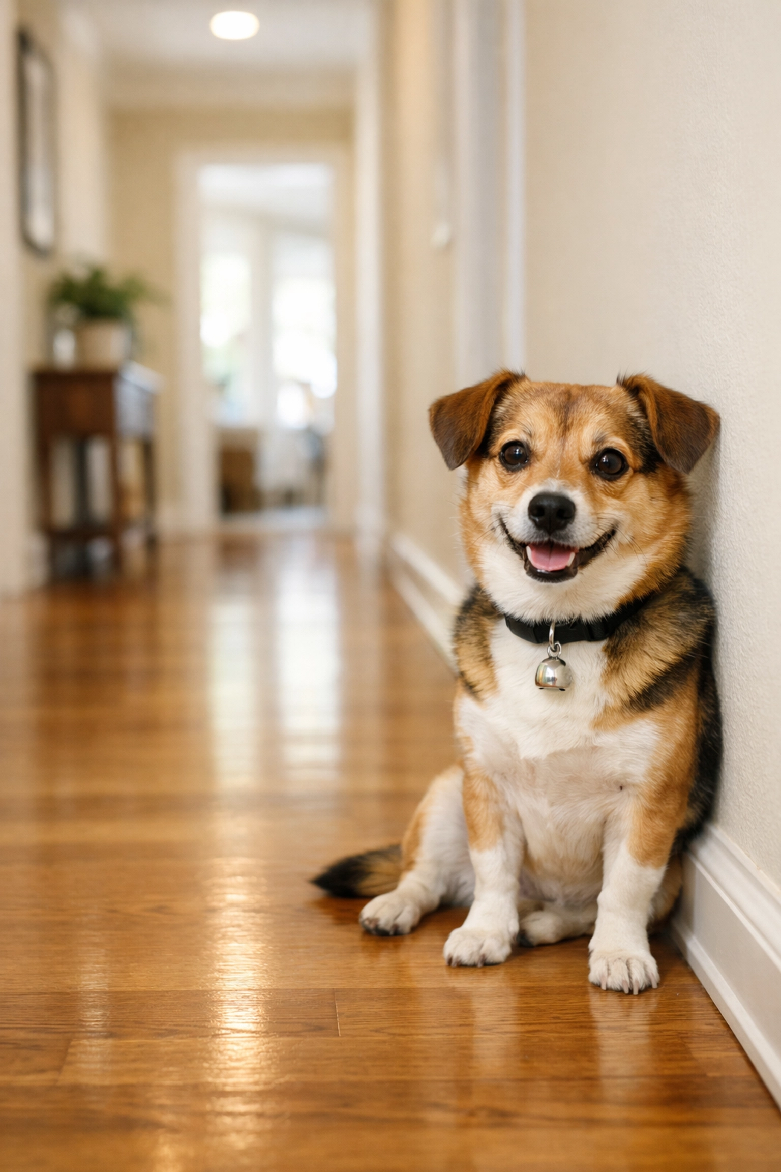 Clear hallway with a dog wearing a bell to alert owners and prevent tripping accidents.