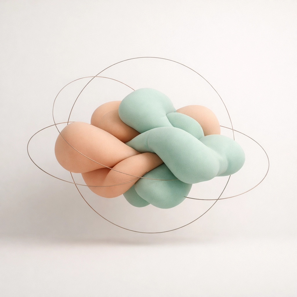 Abstract organic shapes flowing through circles representing mental clarity and untangling executive identity.