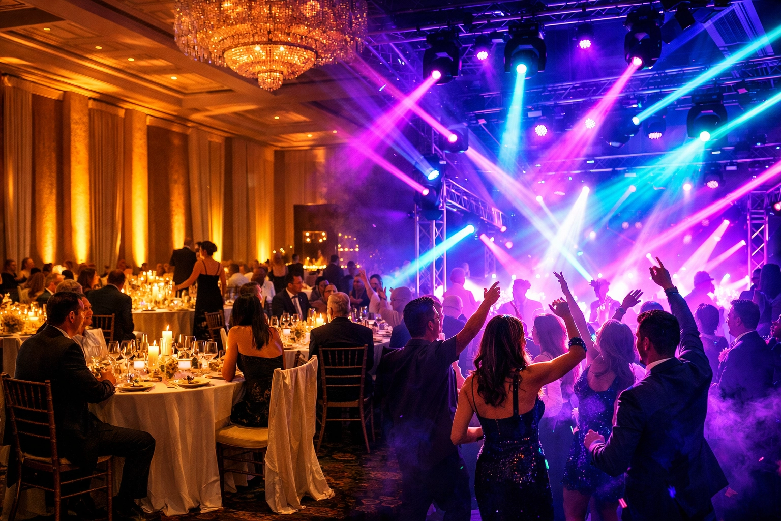 Corporate event lighting transitioning from elegant amber dinner tones to vibrant violet party effects.