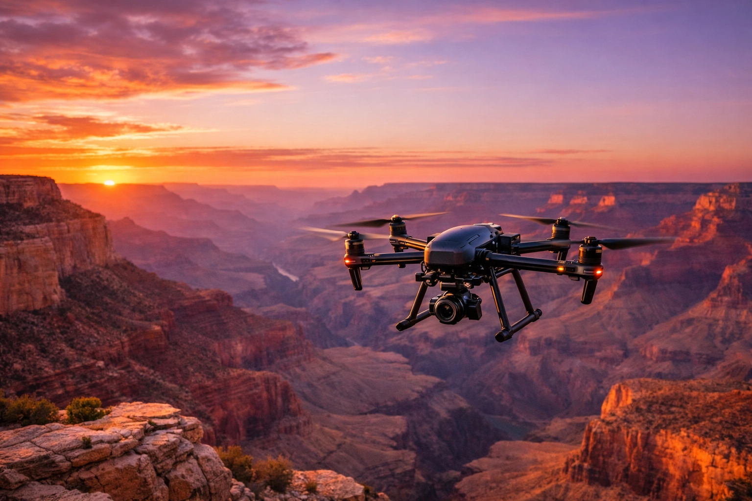 Professional drone ash scattering ceremony over the Grand Canyon at sunset.