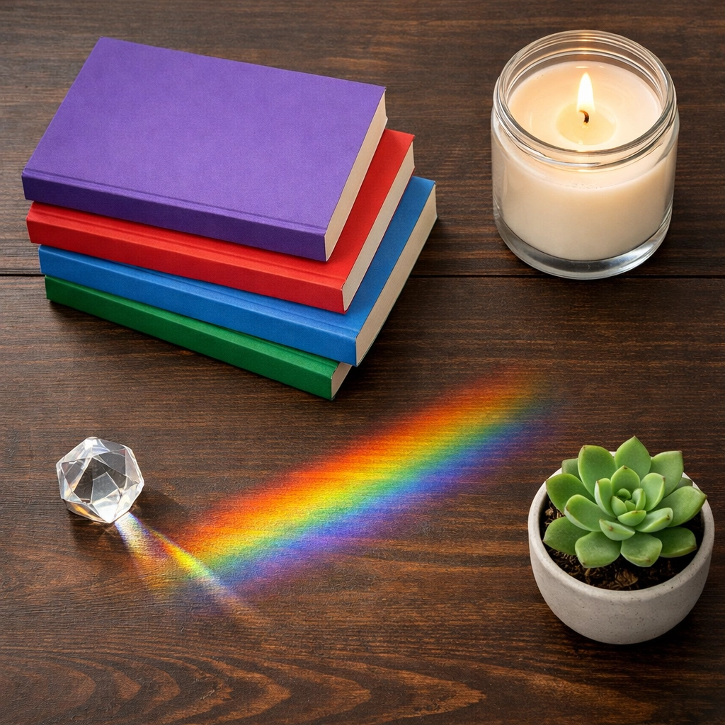 A spiritual sanctuary featuring MM romance books and a rainbow prism for LGBTQ+ personal growth.