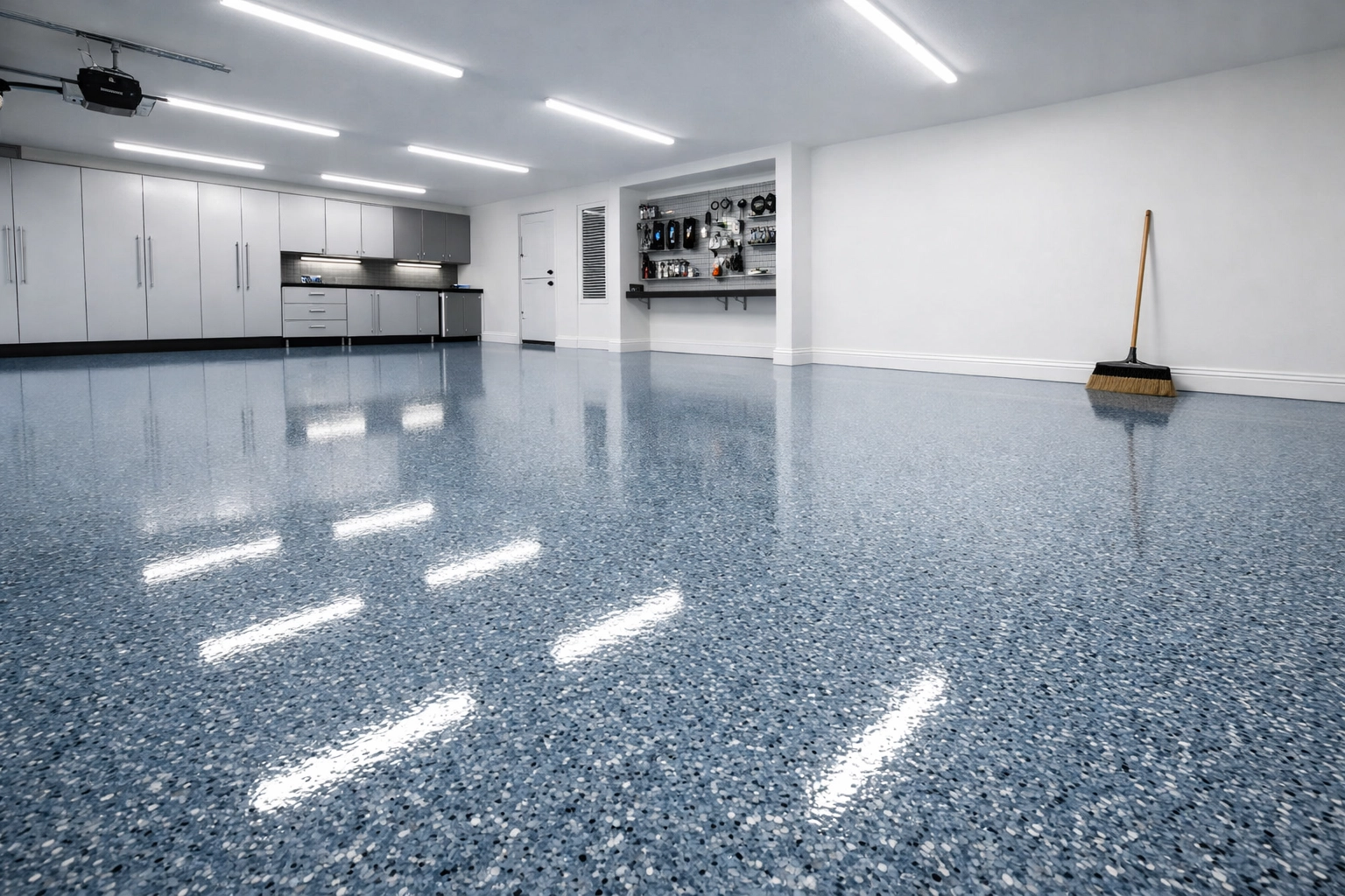 Clean, organized garage with polymer flake flooring: low-maintenance Ridgeland MS floor coatings