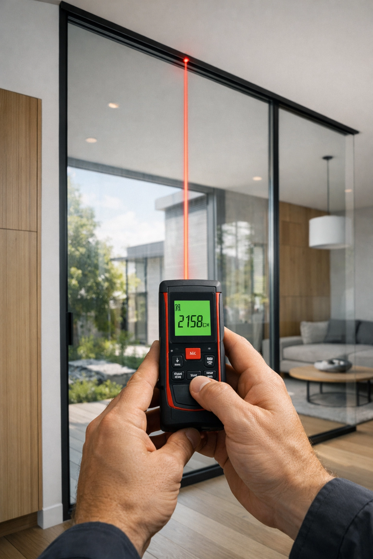 Professional installer measuring glass window for smart glass installation in modern Los Angeles home