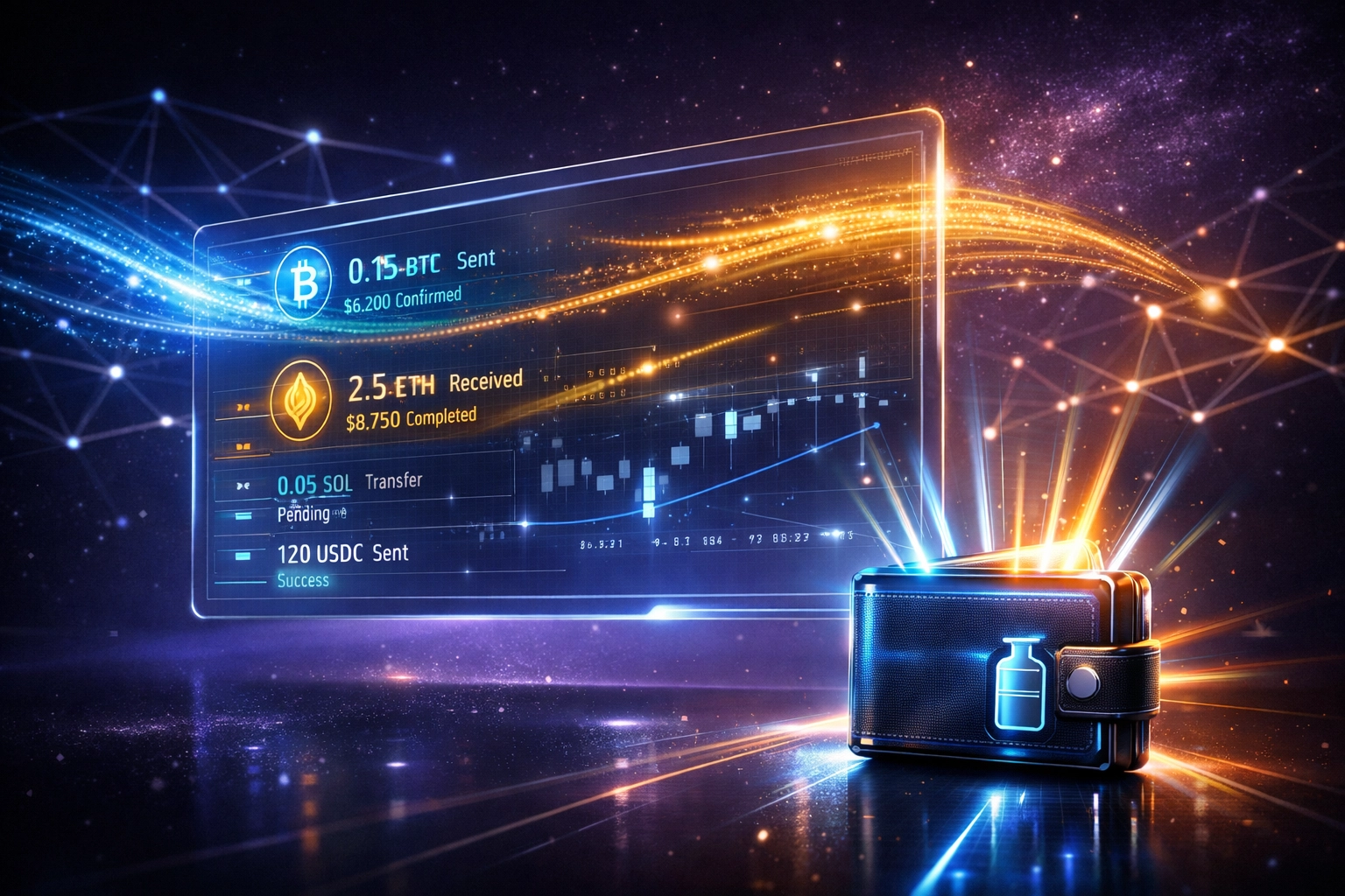 Web3 payment interface showing crypto transactions with minimal gas fees and blockchain network