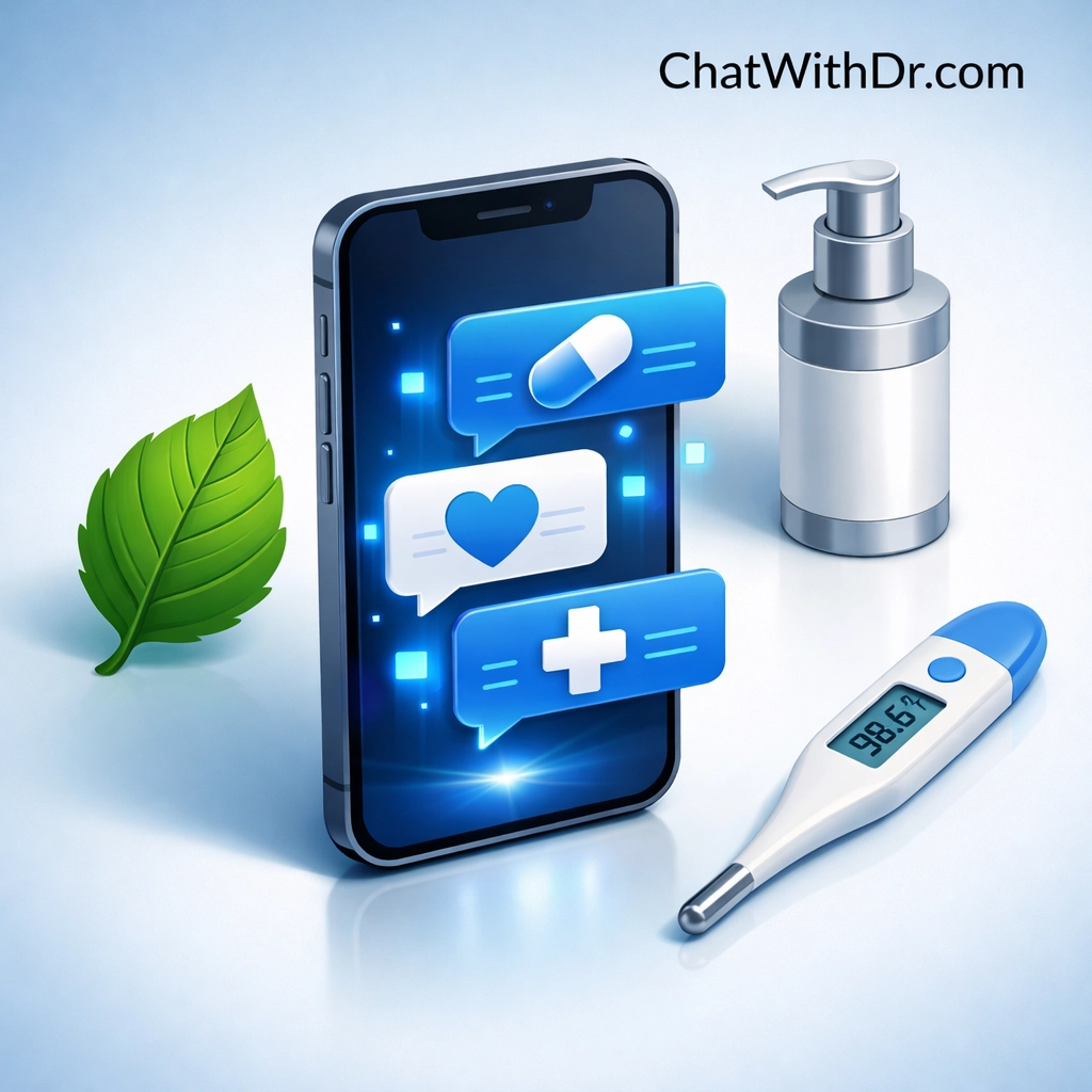 Smartphone showing text-based care for seasonal allergies, acne treatment, and online doctor consultations.