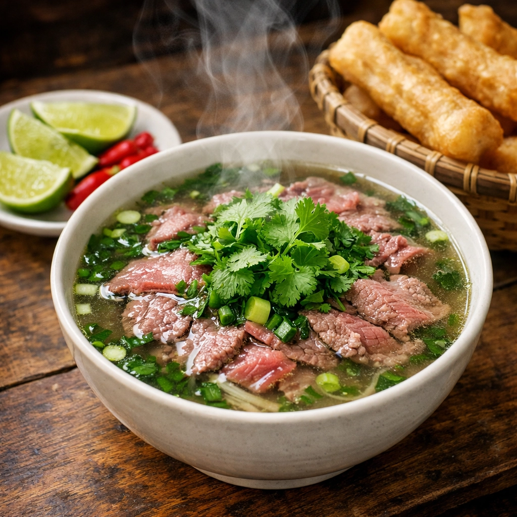 A steaming bowl of authentic Beef Pho with fresh herbs and crispy dough sticks at a local Hanoi eatery.