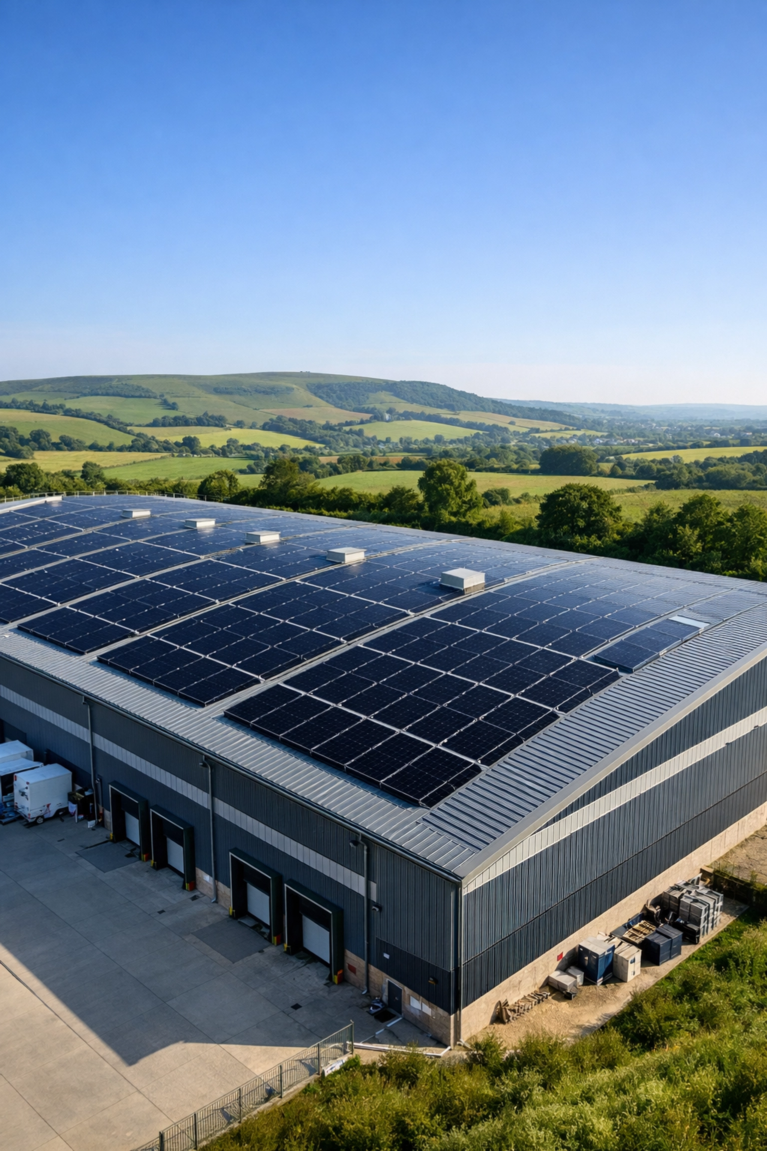 Commercial solar panels installed on a modern industrial warehouse roof in the Dorset countryside.