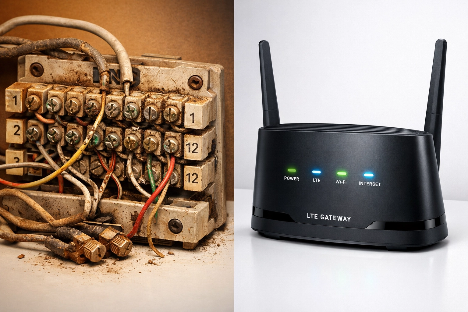 Old copper POTS telephone line terminal next to modern cellular LTE gateway replacement device