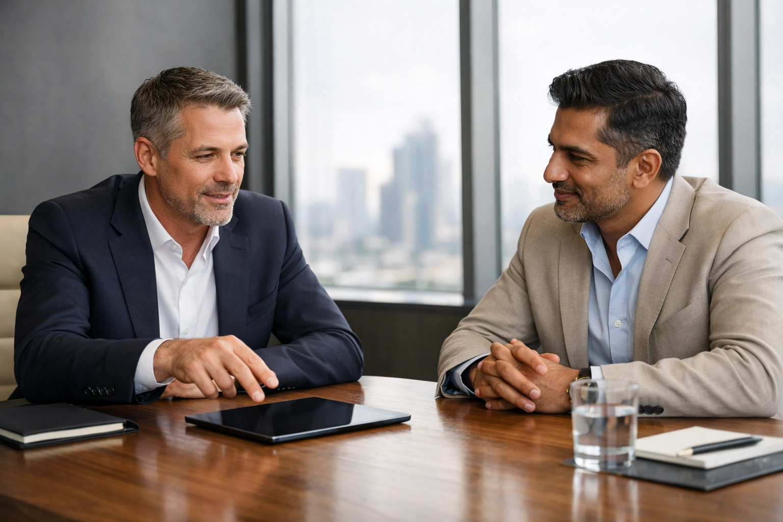 Business executives discussing a successful business acquisition in a modern Mississippi boardroom.
