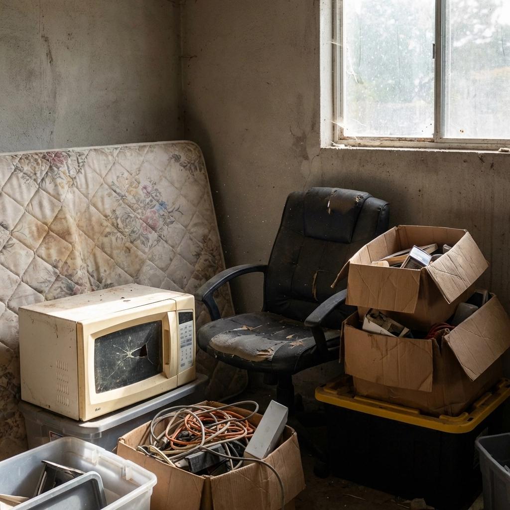 Household bulky waste and e-waste piled in a garage corner ready for rubbish collection service