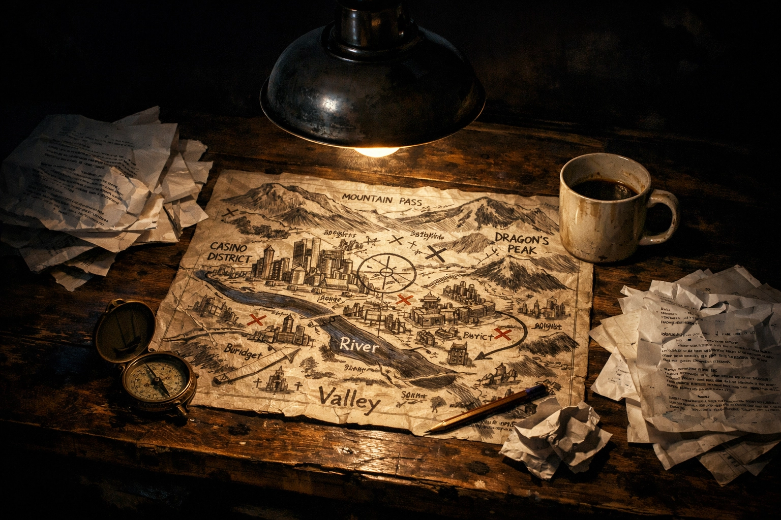 Film production desk with a tactical map and scripts for the Reno 48-HFP quest.