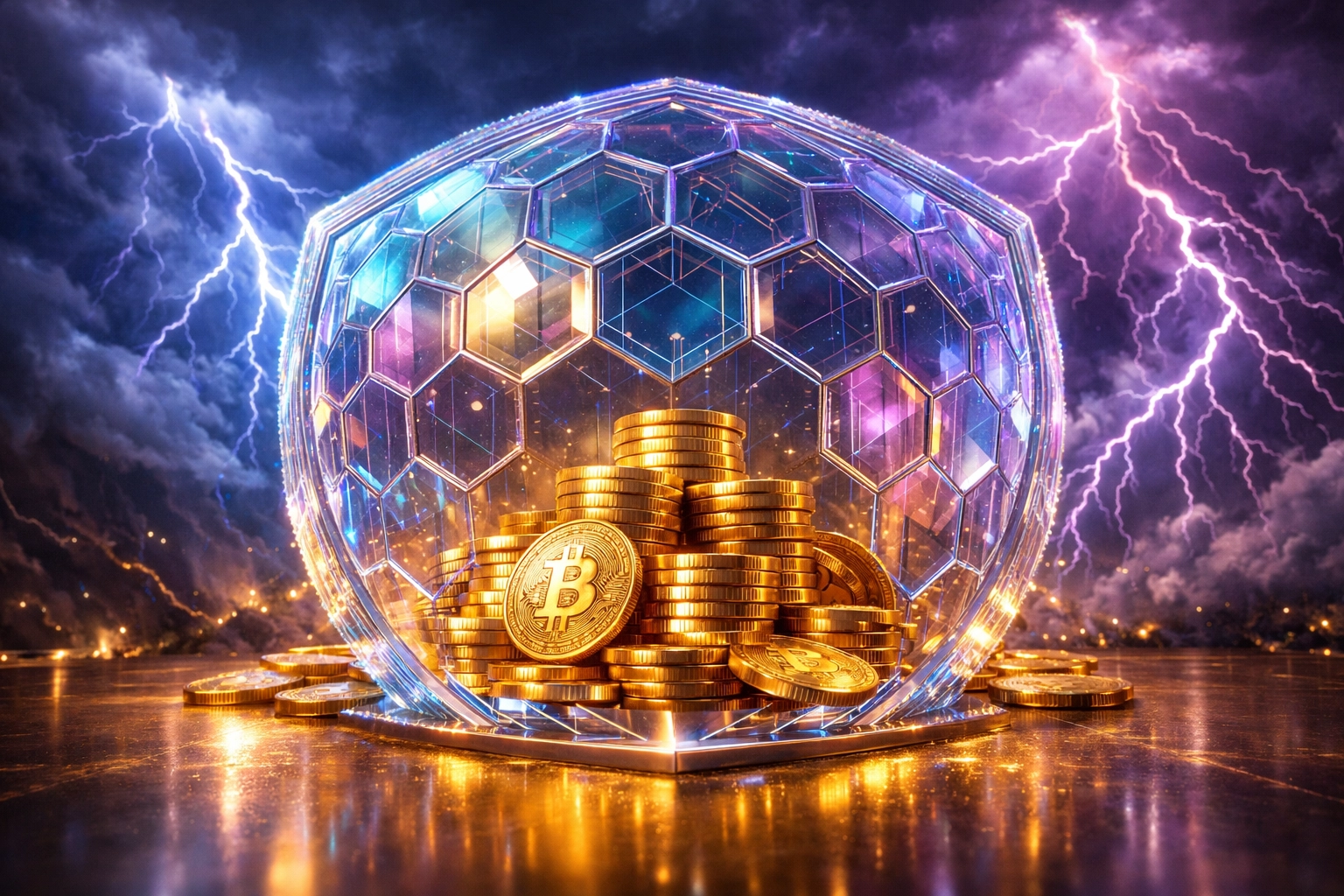 Digital shield protecting crypto assets from market volatility representing Larecoin LUSD stablecoin security.