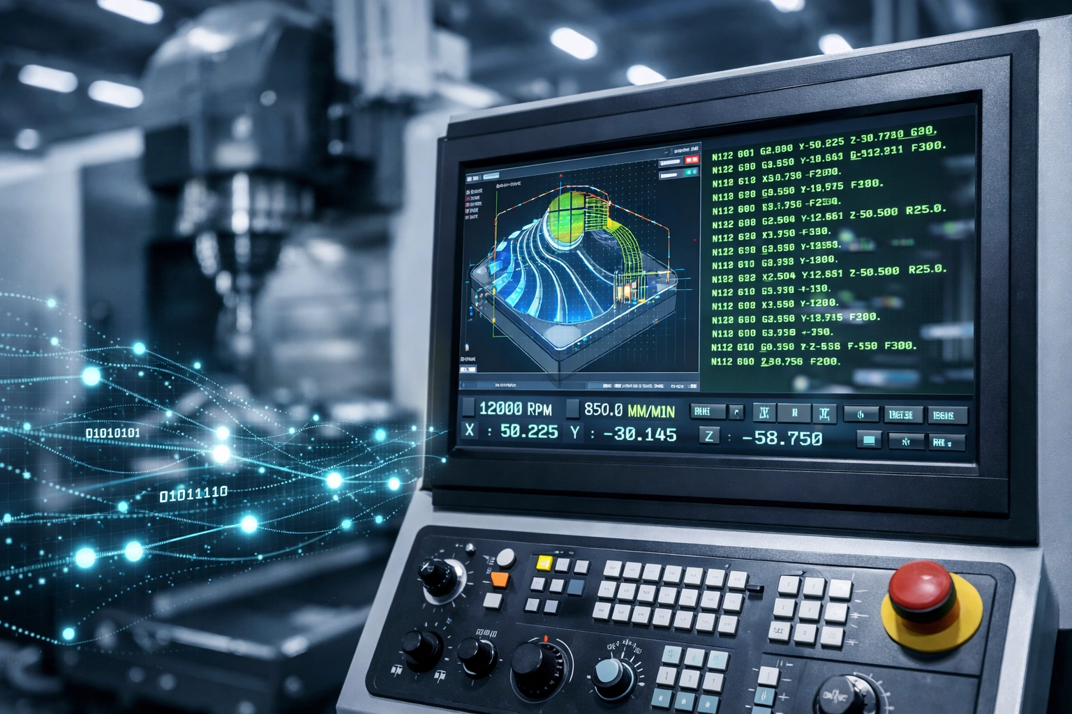 High-tech CNC console with data overlays illustrating manufacturing cyber insurance risks in Connecticut.